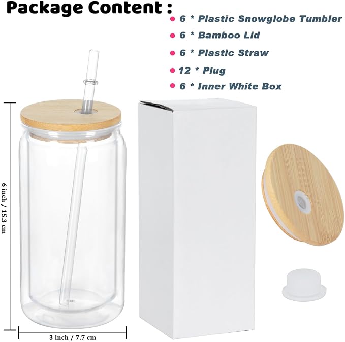 16 Oz Plastic Snowglobe Tumbler, 6 Pack Pre-Drilled Double Wall Plastic Clear - Image 6