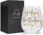 Your Dream Party Shop Happy Birthday Wine Glass, 22oz Stemless with Gold Print - Gift for Adults and Women, Happy Birthday Cups For Women
