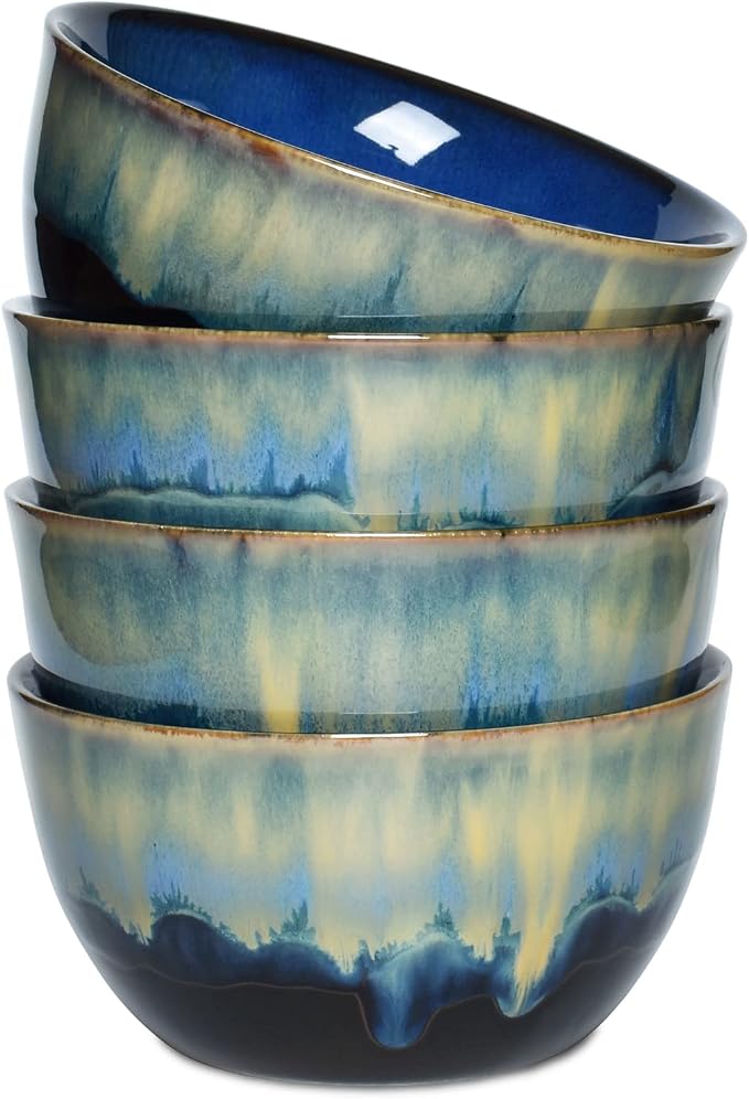 Stoneware Cereal Bowls Set of 4, 26 Oz, Dishwasher and Microwave Safe, Reactive by Bosmarlin