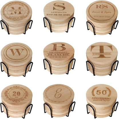 Personalized Wooden Coasters for Drinks - Custom Engraved, Monogram Design - Great Gifts for Relatives, Friends or Yourself (S, Set of 6)
