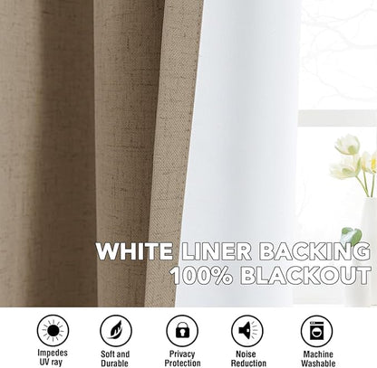 H.VERSAILTEX Linen Curtains 100% Blackout Curtains for Bedroom 54 inch Long Full Light Blocking Nature Linen Blended Window Curtains for Living Room Nickel Grommet (2 Panels, Heathered Macchiato)