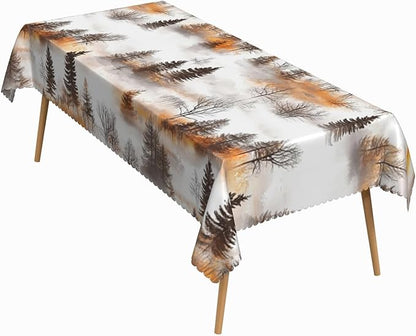 70x140 Inch Nature Rectangle Tablecloth Watercolor Autumn Forest Misty Pine Tree Sunrise Table Cloth Waterproof Reusable Table Cover for Dining Home Kitchen Thanksgiving Picnic BBQ