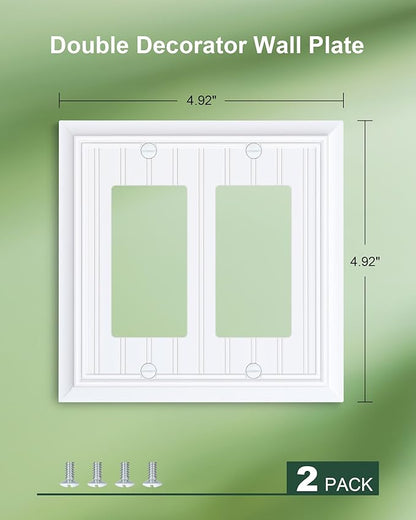 2-Pack Classic Beadboard Decorative Double Decorator Outlet Cover Plate, Pure White Durable Natural Bamboo Fiber Wall Plates for Electrical Outlets, Receptacle, GFCI Outlet, Dimmer Switch, 2-Gang