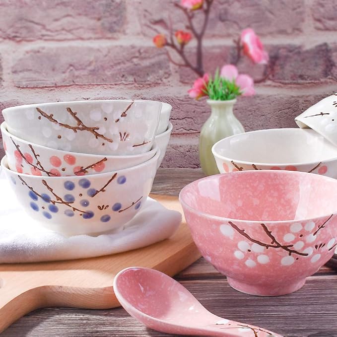 Japanese Rice Bowl Set of 4 Asian Style Hand-painted Floral Plum Ceramic Bowls - Image 6
