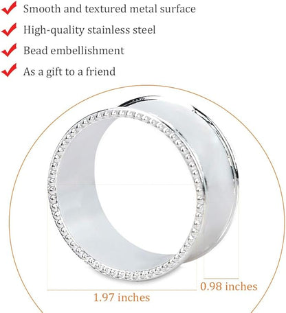6 Pcs Stainless Steel Bead Side Napkin Rings Delicate Serviette Buckles (Silver)