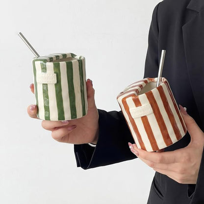 2 Pack Ceramic Coffee Mug with Sip Hole Espresso Cup 10oz with Straws Retro - Image 6