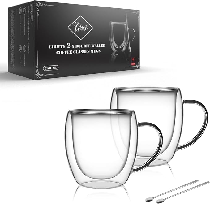 LIBWYS 2 Pack Double Walled Coffee Cups Glasses Mug, 8.5oz Borosilicate | by LIBWYS