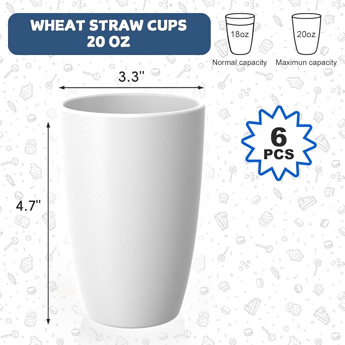 Wheat Straw Unbreakable Cup, 20 OZ Reusable Water Drinking Glasses Sets of 6 - Image 3