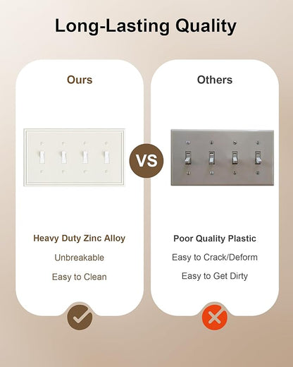 2-Pack Quad Toggle Light Switch Cover Plate, Durable Zinc Alloy Decorative Switch Plate Covers, Light Almond 4 Gang Switch Plates, Corrosion Resistant