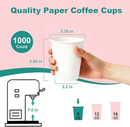 8 oz 1000 Pack Disposable Coffee Cups, Bulk White Disposable Paper Cups, Coffee Cups for Hot Tea, Chocolate and Cold Drinks