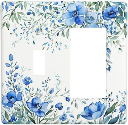 Light Switch Cover Blue Watercolor Flowers Retro Floral Leaves 2 Gang Toggle Rocker Combo Socket Cover Wall Plates Decorative Switch Plates and Outlet Covers for Bathroom Bedroom Decor