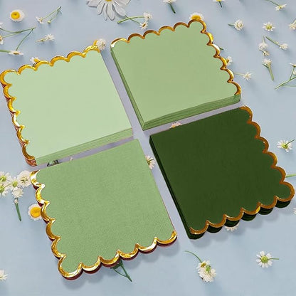 100 pack Green Cocktail Napkins with Gold Foil Accents Scalloped Edges 5 x 5 inch Beverage Disposable Napkin Party Decoration Wedding Bridal and Baby Shower Dinner Lunch Supplies