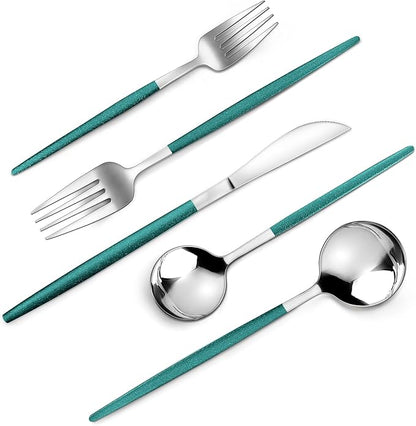 VANVRO Mirror Silver Green Silverware Set, 20-Piece Stainless Steel Flatware Set by VANVRO