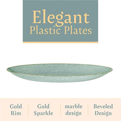 PLASTICPRO 30 Pack Disposable Plastic Plates Heavyweight Granite Look Elegant 10 inch Dinner Plates Green with Gold Rim