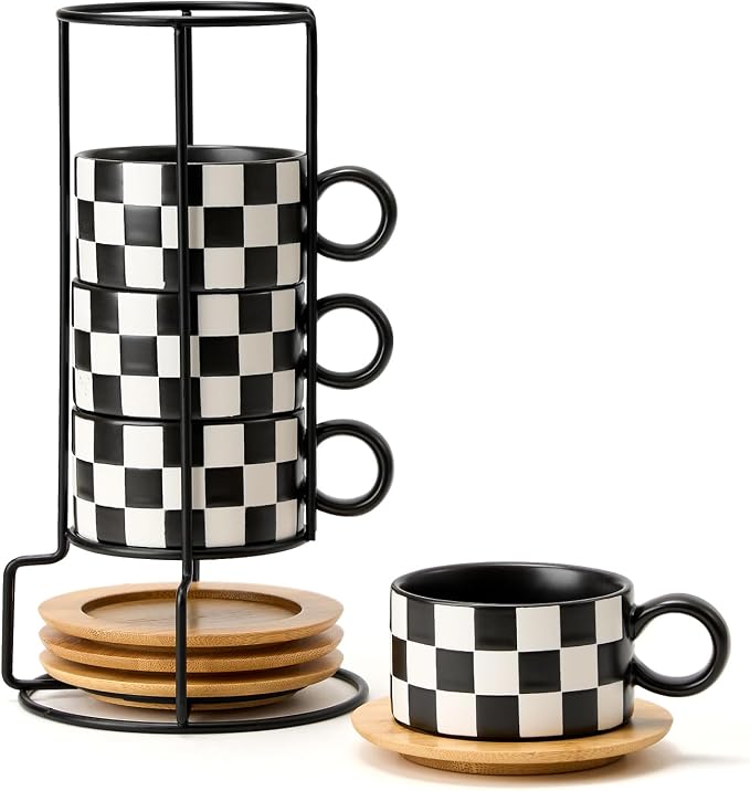 LUKA 6 Ounce Ceramic Stackable Black and White Checkered Espresso Cups by LUKA
