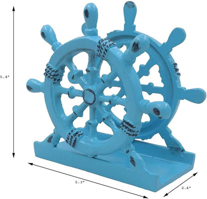 THDC Nautical Napkin Holder, Lunch, Dinner, Nautical Collection Napkin Holder, Made of Metal (Wheel Distressed Blue)