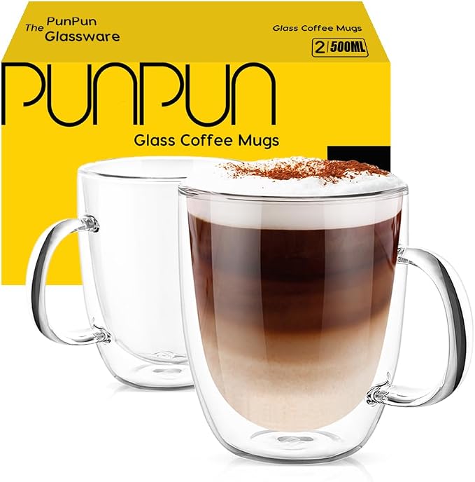 PunPun 17oz.500ml Large Coffee Mug, Double Walled Clear Mugs, Coffee Glass Cup by PunPun