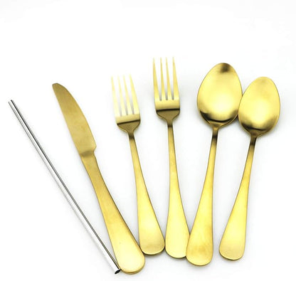 JASHII Modern Royal 20 Pcs Matte Gold 18/10 Stainless Steel Utensils Cutlery Dinnerware Set w/ 4 Pcs Straw, Knife Fork and Spoon Flatware Set for Wedding Festival Christmas Party Service for 4