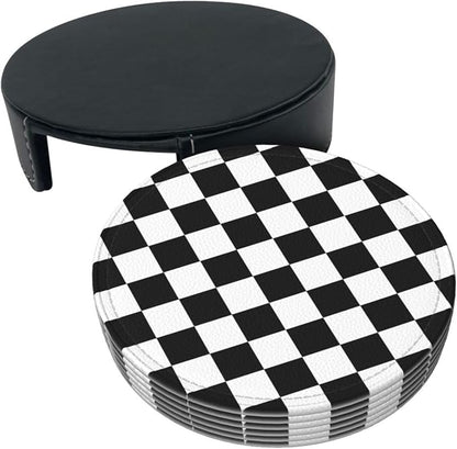 Drink Coasters with Holder Stand Set of 6 Black and White Checkerboard Pu - Image 9