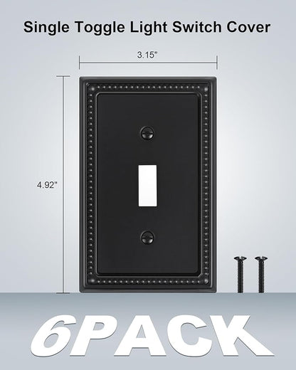6-Pack Single Toggle Light Switch Cover Plate, Pearls Decorative Switch Plate Covers, Black 1 Gang Metal Wall Plate, Corrosion Resistant