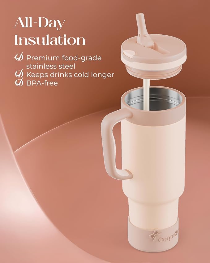 40 oz Insulated Tumbler with Handle and Push-Button Straw Lid, Stainless Steel - Image 4