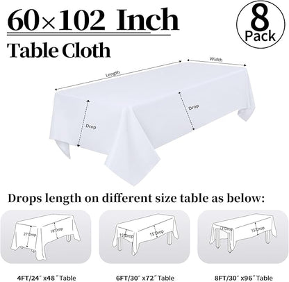 8 Pack White Tablecloth 60 x 102 Inch Rectangular Table Cloth for 6 Foot Rectangle Tables, Wrinkle Resistant Washable Polyester Fabric Table Covers for Wedding Party Banquet Buffet and Camping