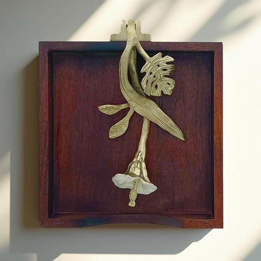 Napkin Holder - Solid Wood Brown Finish Home Decor & Kitchen Decor Table Countertop Serviette & Tissue Holder with Metal Ornament Arm in Silver Gold Finish - Indoor and Outdoor Use - Floral Design