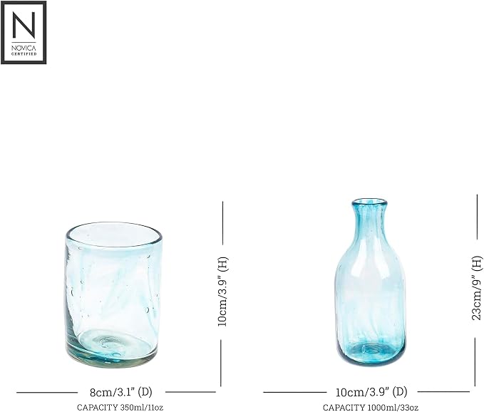 NOVICA Artisan Handblown Recycled Glass Carafe Aqua Cup Clear Green Mexico - Image 5