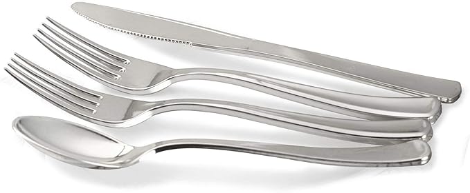 " OCCASIONS " 150pcs set (25 Guests)-Extra Heavyweight Vintage Wedding Disposable/Reusable Plastic Plates (25 x 11'' + 25 x 8.25'') +Silverware (Chateau Collection in White)