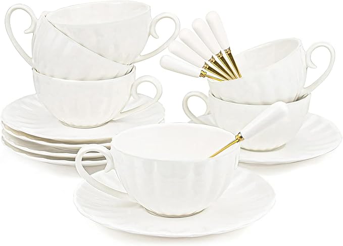 Yesland Set of 6 Royal Tea Cups and Saucers, 6 oz White Porcelain Tea Set & by Yesland