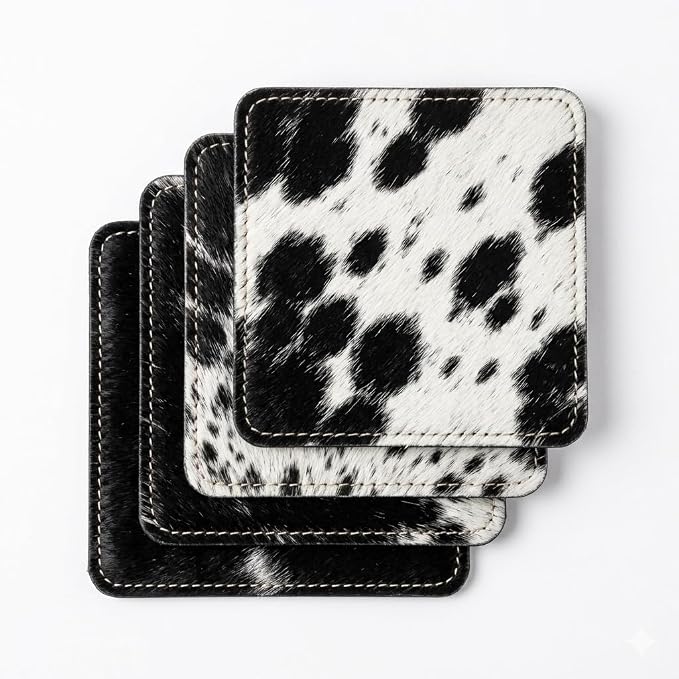 Cowhide Coasters Set of 6 – Genuine Hair-On Cowhide Drink Coasters, Square by Unknown