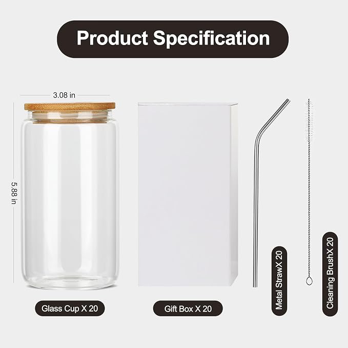 ASKIZ 20Pcs Glass Cups With Bamboo Lids and Straws, 16Oz Ice Coffee Cup - Image 5