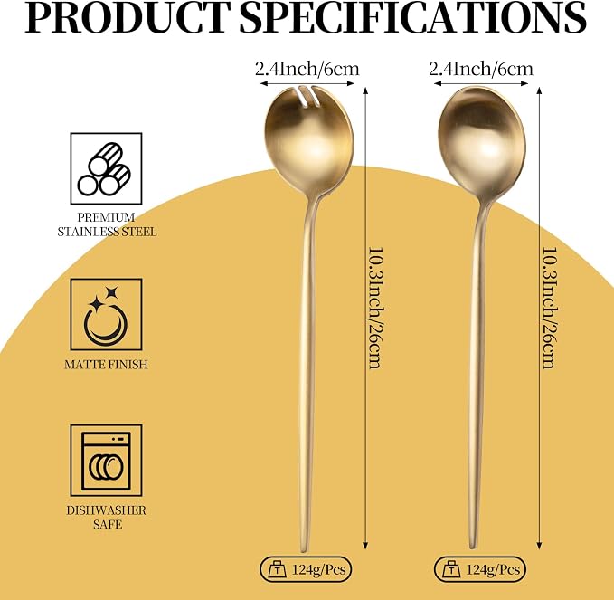 O.C.E. Salad Server, Premium Stainless Steel Spoon and Fork Set, 10.3 inch - Image 2