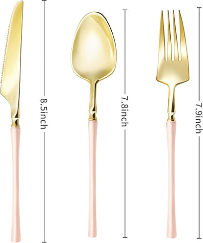 Lullaby 90pcs Gold Plastic Silverware, High End Disposable Cutlery with Pink Handle Include 30 Forks, 30 Spoons, 30 Knives, Elegant Disposable Silverware for Wedding, Party, Gathering and Daily Use