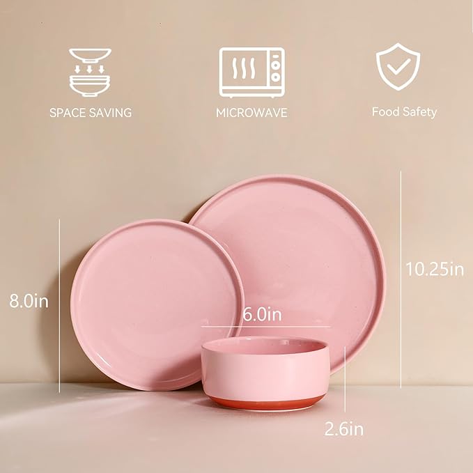 GZG Modern Art Series - 12 Pcs Speckled Stoneware Plates and Bowls Sets, Ceramic Dinnerware Set with Rustic Terracotta Underside, Microwave and Dishwasher Safe Handcrafted Dishes Set - Blush Pink