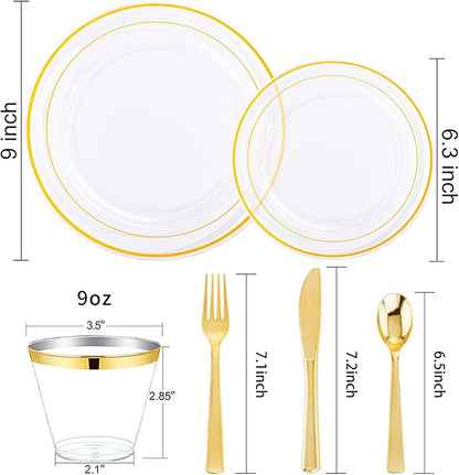 WELLIFE 600pc Gold Trim Plastic Dinnerware Set for Party: 100 Dinner Plates, 100 Dessert Plates, 300 Cutlery, 100 cups