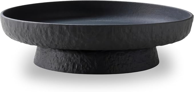 Granite Inspired Matte Black Fruit Bowl | Wide, Shallow Textured Pedestal Bowl by Unknown