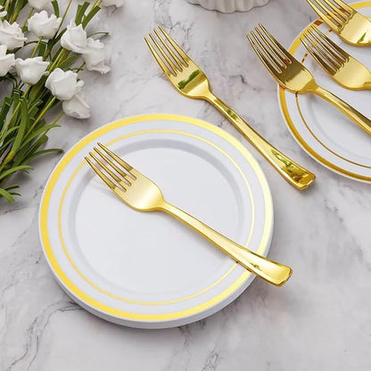 Goodluck 120PCS 7" Gold Dessert Plastic Plates with 7.4" Forks, Gold Appetizer Plates for 60 Guests, Including 60 Disposable Cake Plastic Plates and 60 Forks for Wedding/Birthday/Christmas Party