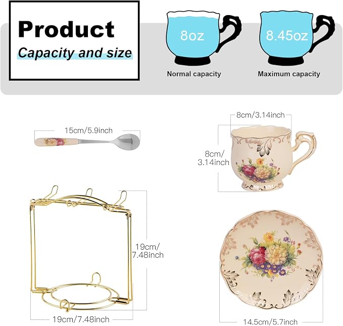 YOLIFE Tea Cups and Saucers Set of 6, 8 OZ Pink Rose | Ivory Vintage Porcelain - Image 3