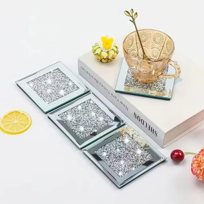 Crushed Diamond Crystal Glass Mirrored Square Coasters Set of 4 Glittering Bling Silver TRENDZY ® Drink Wine Coasters for Home Kitchen Bar & Restaurant Home Decor Birthday Wedding (Square)
