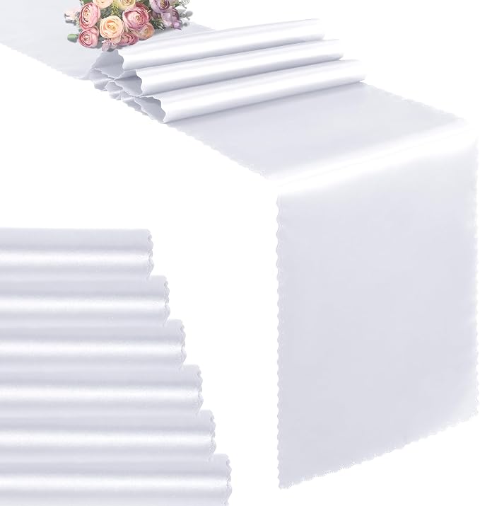 VACVELT White Satin Table Runners, 12x72 Inch, 6 Pack, Scalloped Edge | Silky by VACVELT