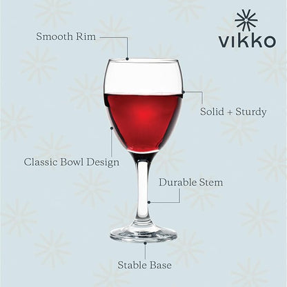 Vikko 11.5 Ounce Wine Glasses, Set of 6 Glasses for Red and White Wine With Stem, Clear Glasses for Wine, Thick and Durable Stemmed Cup