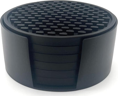 Happitasa 4.25 Inch Bar Mat Style Silicone Beverage Coasters, Set of 6 with Holder (Black)