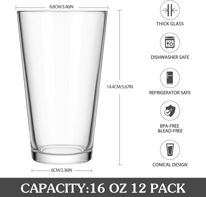 CUCUMI 16 Oz Beer Pint Glasses Set of 12 | Drinking Glasses, Cocktail Glasses - Image 3