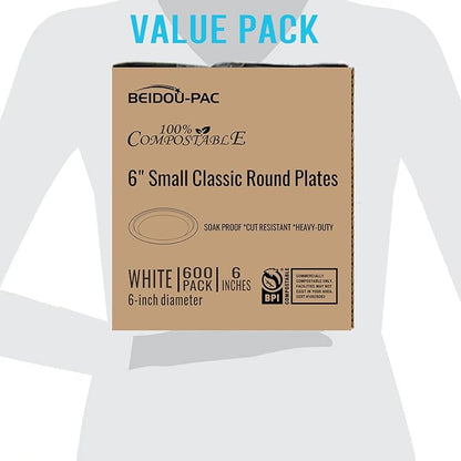 Small Compostable Heavy Duty Disposable Paper Plates, 600 Count | 6 Inch Round | Natural Bagasse, White Biodegradable Eco-Friendly Sugarcane Sandwich, Cake, Snack Dessert Tray