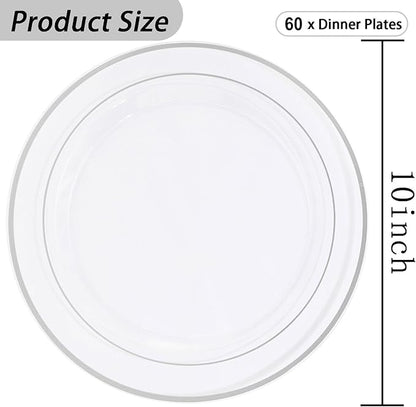 I00000 60PCS Silver Plastic Plates, Clear Plates with Silver Rim 10 Inch, Ideal for Weddings, Parties,Birthday