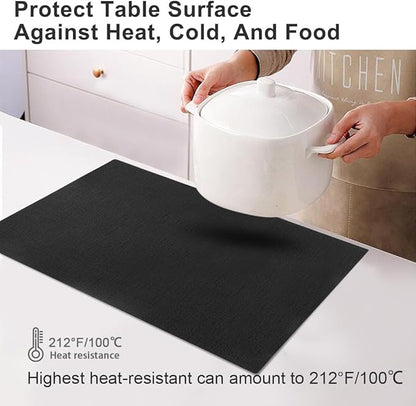 Leather Heat Resistant Placemats Set of 6 Waterproof Wipeable Washable PU Table Mats,Easy to Clean Anti-Slip Place Mats (Black, 6)