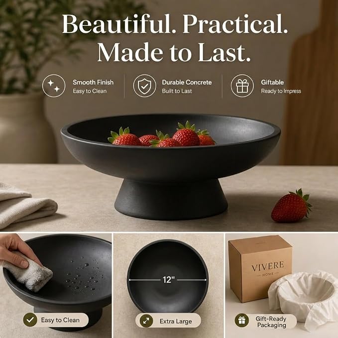 12" Concrete Fruit bowl for Kitchen Counter, Coffee Table Decor, Decorative Key - Image 6