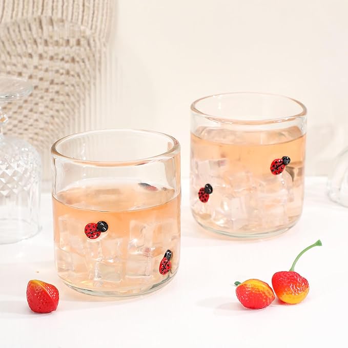 Icon Juice Glasses, 14oz Stemless Wine Drinking Juice Glass Cup for Valentine Party Supplies Gift(2 Pcs,Ladybug)