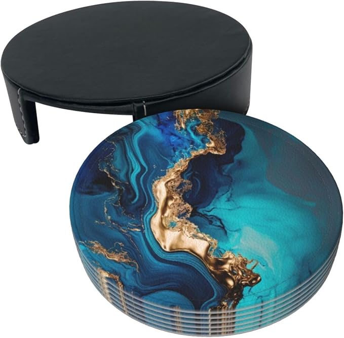 Cyan Mint Liquid Watercolor Teal Turquoise Marbled Premium Leather Coasters - Image 5